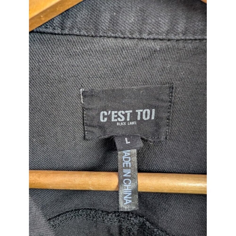 C'est Toi black label women's size large black denim cropped jacket, raw edge B4 - Picture 3 of 10